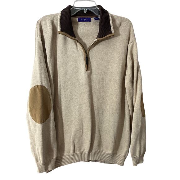 Alan Flusser 100% Cotton Men's XL 1/4 Zip Sweater Tan Preppy Elbow Patches - Picture 1 of 6